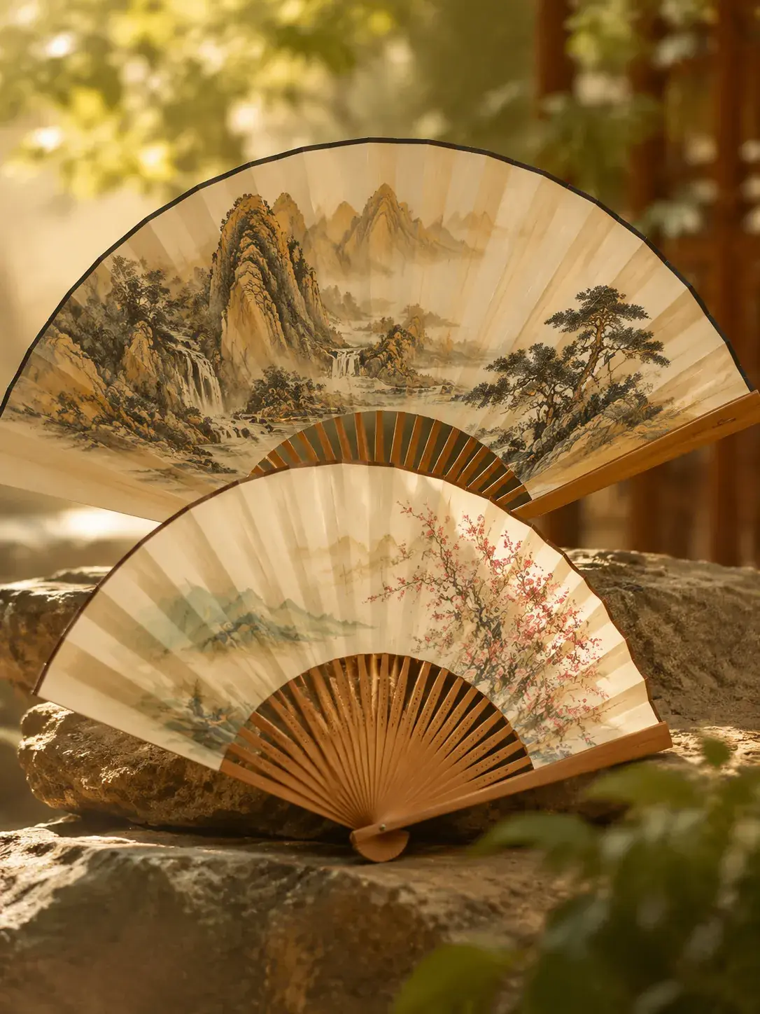 Elegant Chinese folding fans with hand-painted landscape and calligraphy