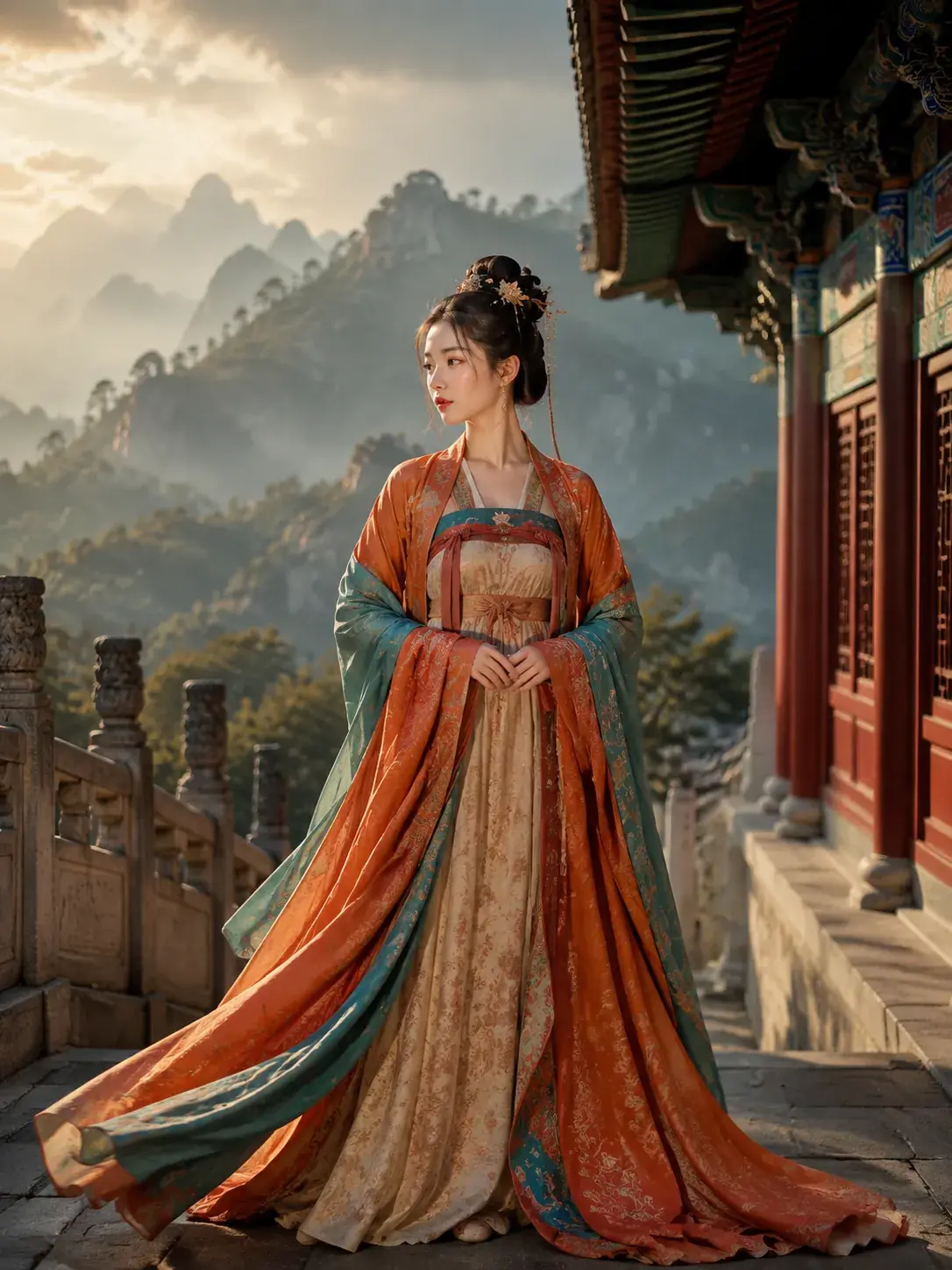 Professional editorial photography of Tang Dynasty Hanfu at ancient temple with misty mountains